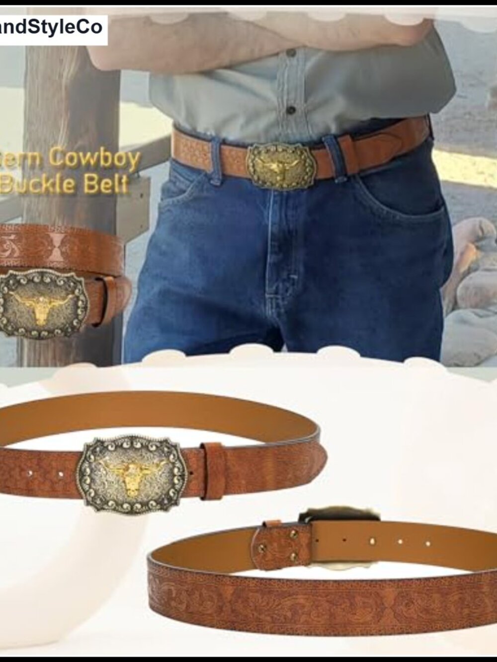 Western Cowboy Belt PU Leather Floral Longhorn Buckle Waist 25-38 - Picture 3 of 6
